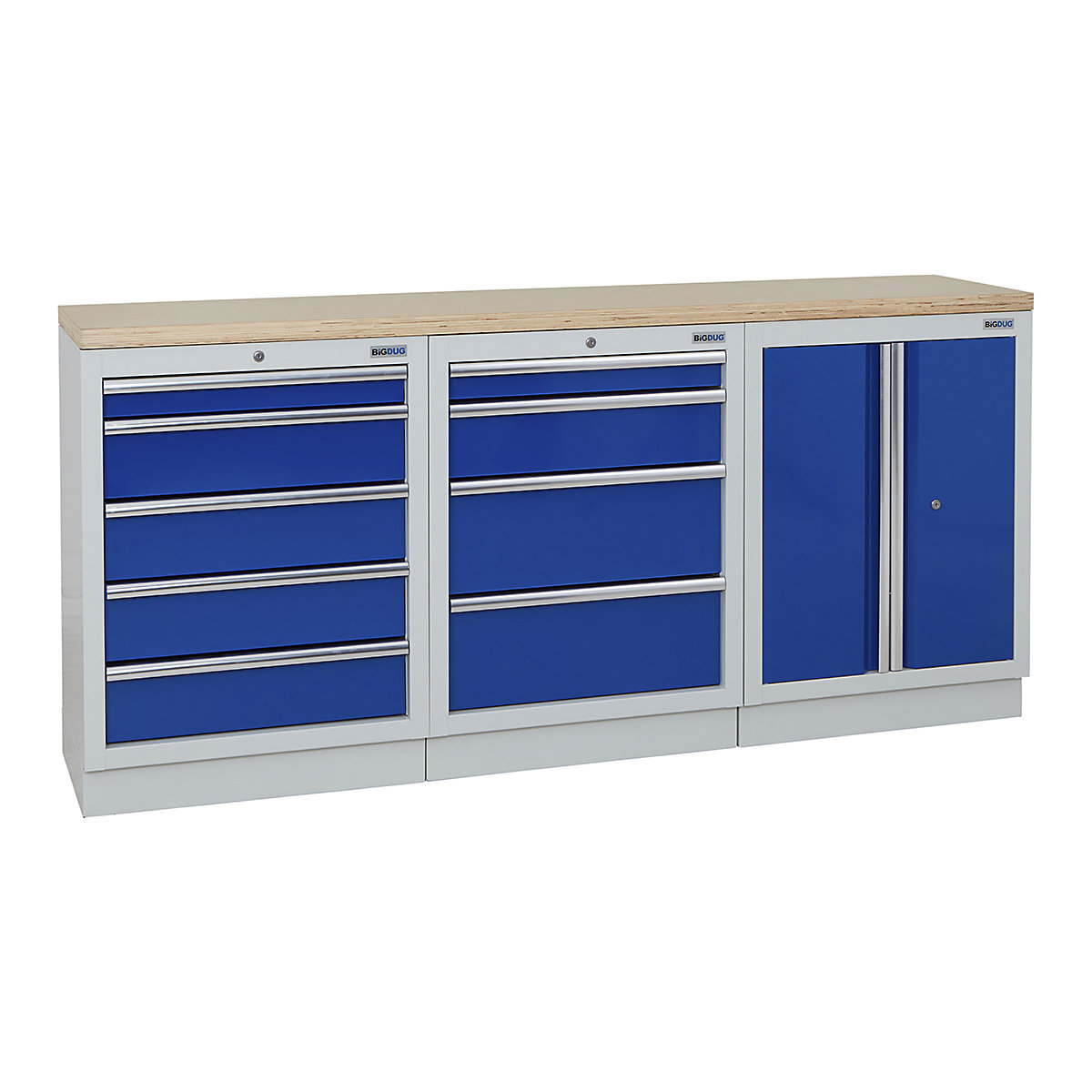 BiGDUG | 2041mm Wide Workbench | 3 Cabinet, BiGDUG | 2041mm Wide Workbench | 3 Cabinet, BiGDUG | 2041mm Wide Workbench | 5 Drawer Cabinet | 4 Drawer Cabinet | 2 Door Cupboard | Grey Housing | Blue Doors | Multiplex Worktop-0