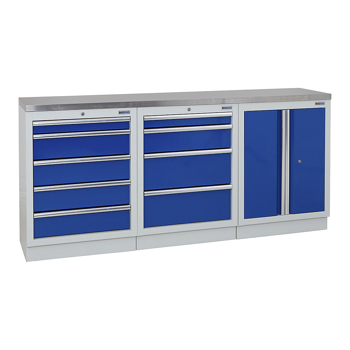 BiGDUG | 2041mm Wide Workbench | 3 Cabinet, BiGDUG | 2041mm Wide Workbench | 3 Cabinet, BiGDUG | 2041mm Wide Workbench | 5 Drawer Cabinet | 4 Drawer Cabinet | 2 Door Cupboard | Grey Housing | Blue Doors | Stainless Worktop-0