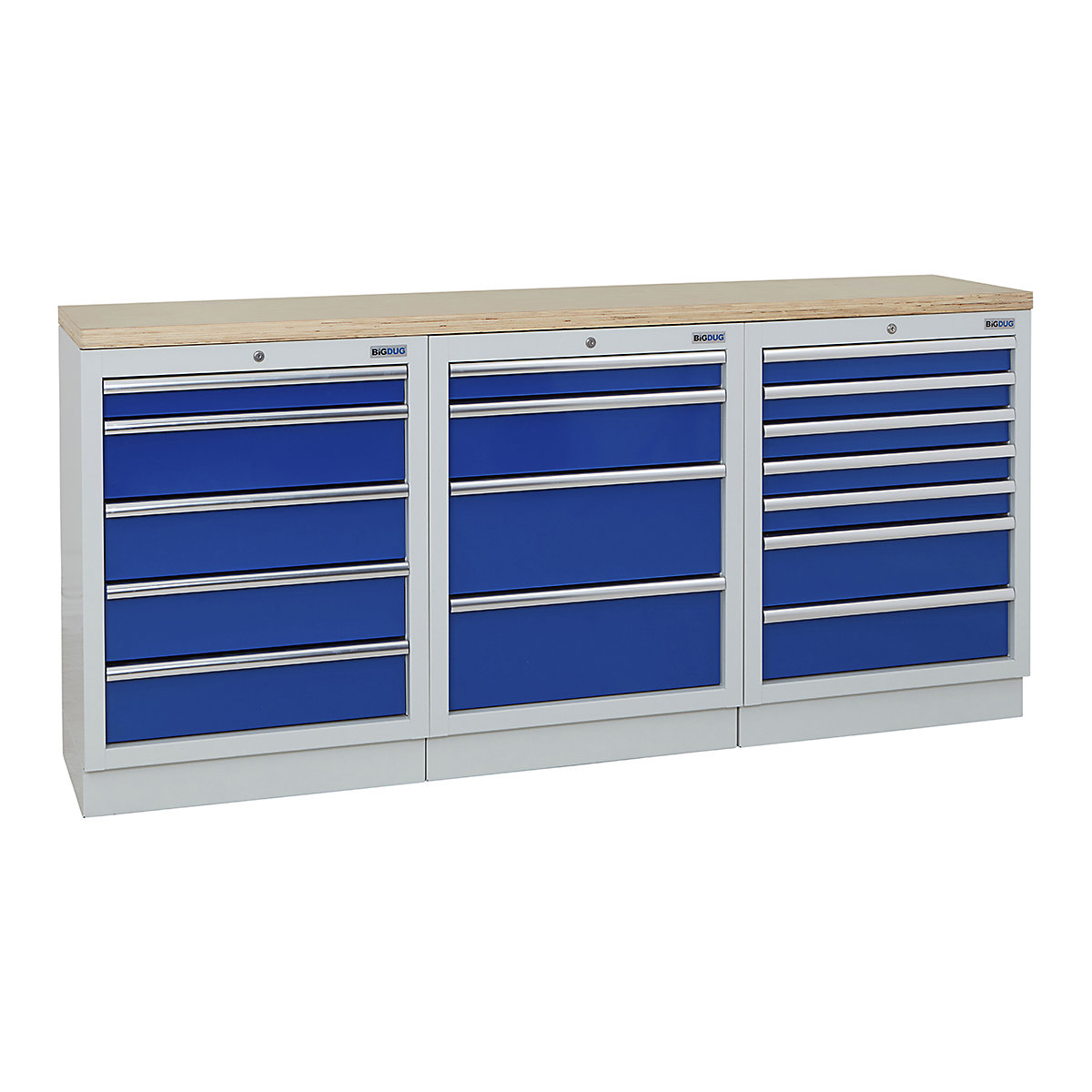 BiGDUG | 2041mm Wide Workbench | 3 Cabinet, BiGDUG | 2041mm Wide Workbench | 3 Cabinet, BiGDUG | 2041mm Wide Workbench | 5 Drawer Cabinet | 4 Drawer Cabinet | 7 Drawer Cabinet | Grey Housing | Blue Doors | Multiplex Worktop-0