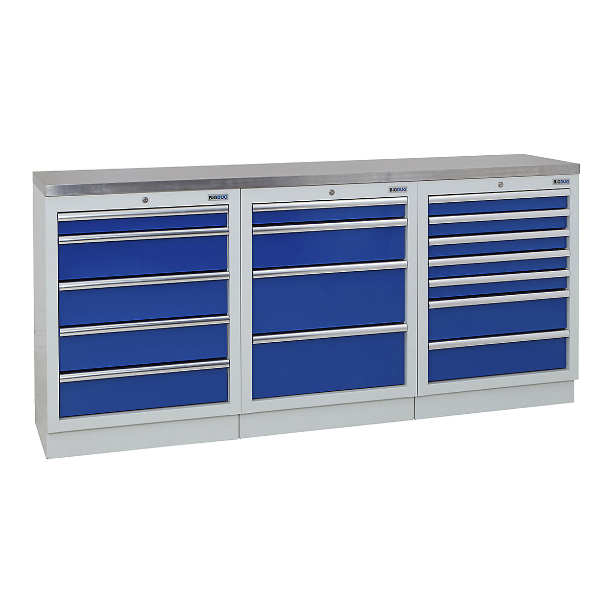 BiGDUG | 2041mm Wide Workbench | 3 Cabinet, BiGDUG | 2041mm Wide Workbench | 3 Cabinet, BiGDUG | 2041mm Wide Workbench | 5 Drawer Cabinet | 4 Drawer Cabinet | 7 Drawer Cabinet | Grey Housing | Blue Doors | Stainless Worktop-0