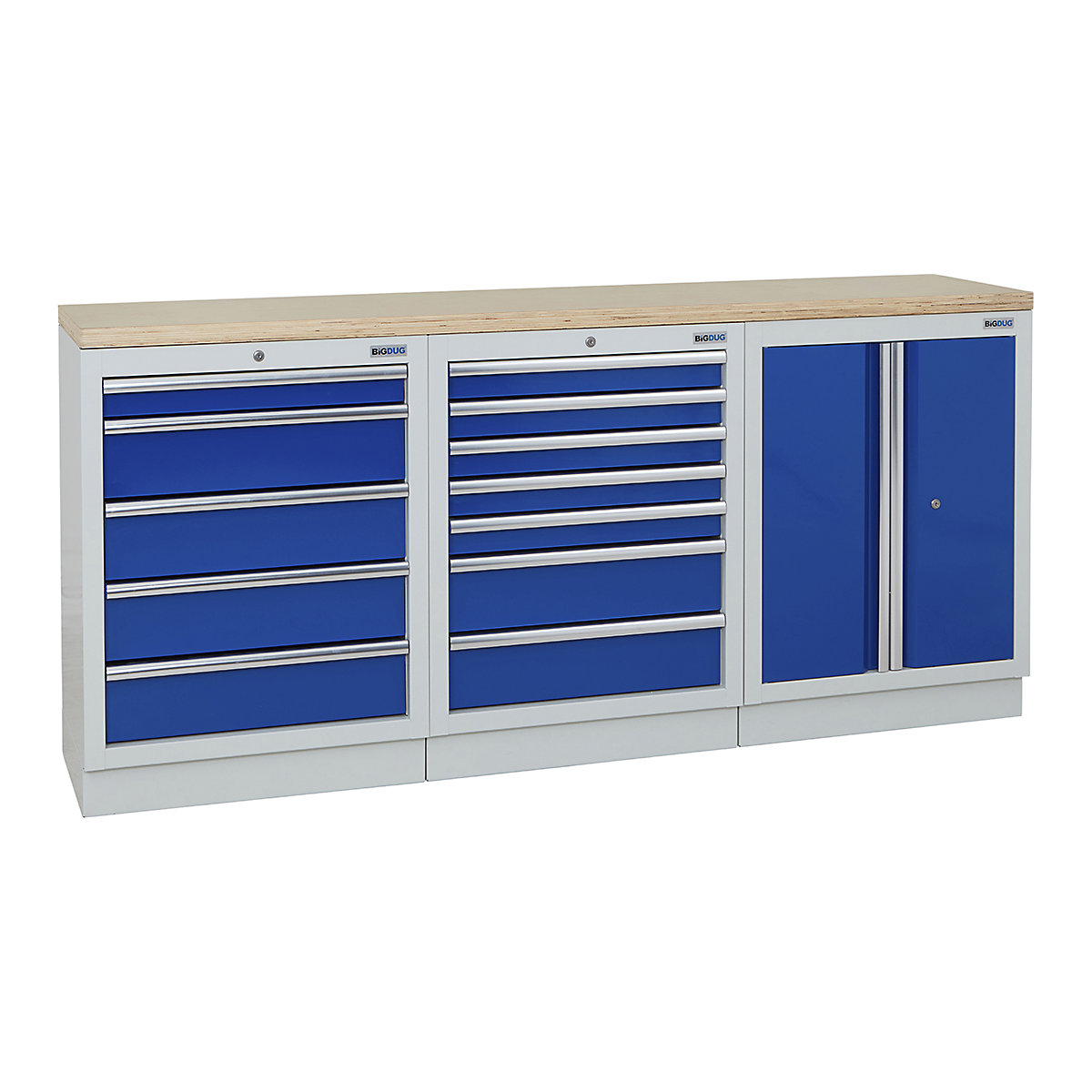 BiGDUG | 2041mm Wide Workbench | 3 Cabinet, BiGDUG | 2041mm Wide Workbench | 3 Cabinet, BiGDUG | 2041mm Wide Workbench | 5 Drawer Cabinet | 7 Drawer Cabinet | 2 Door Cupboard | Grey Housing | Blue Doors | Multiplex Worktop-0