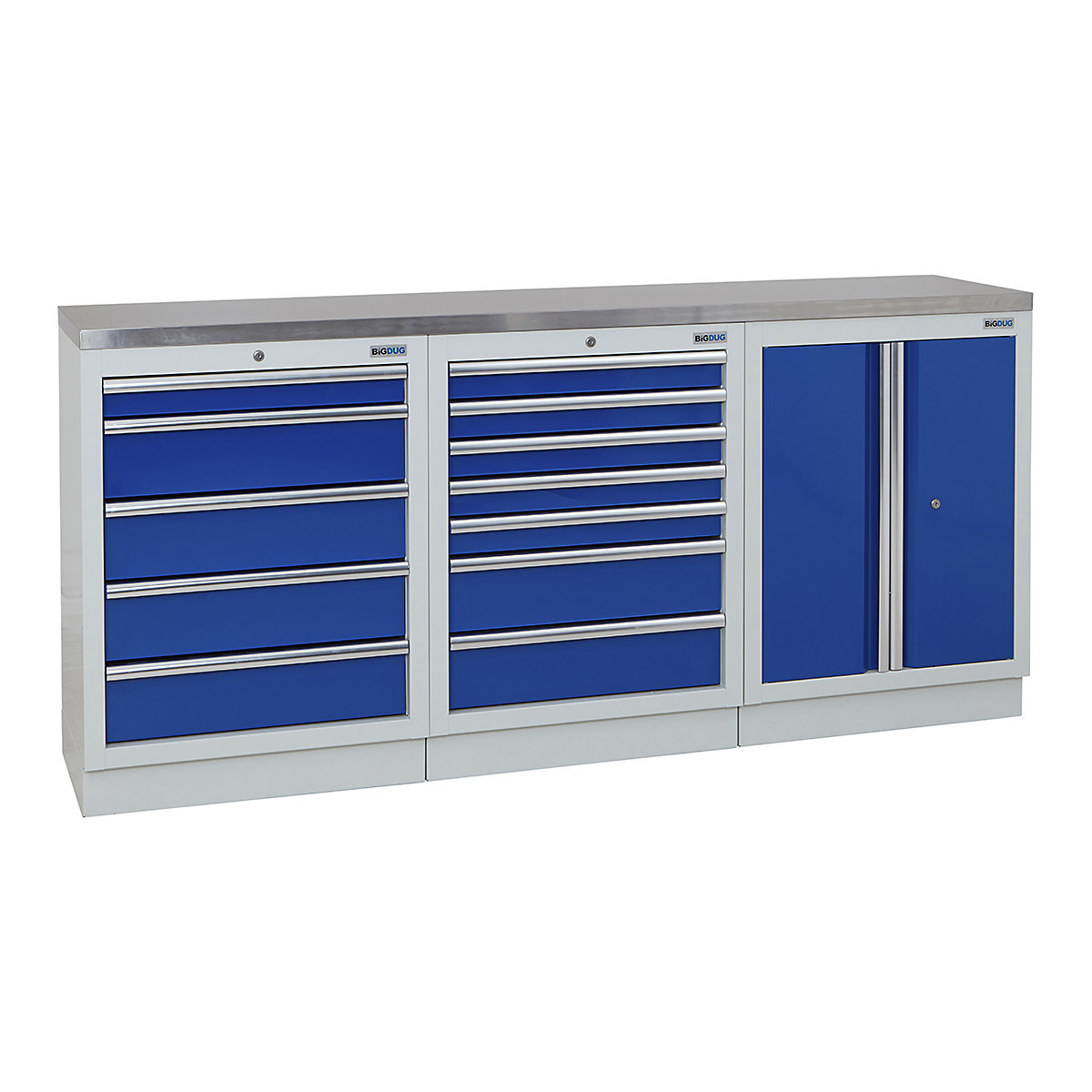 BiGDUG | 2041mm Wide Workbench | 3 Cabinet, BiGDUG | 2041mm Wide Workbench | 3 Cabinet, BiGDUG | 2041mm Wide Workbench | 5 Drawer Cabinet | 7 Drawer Cabinet | 2 Door Cupboard | Grey Housing | Blue Doors | Stainless Worktop-0