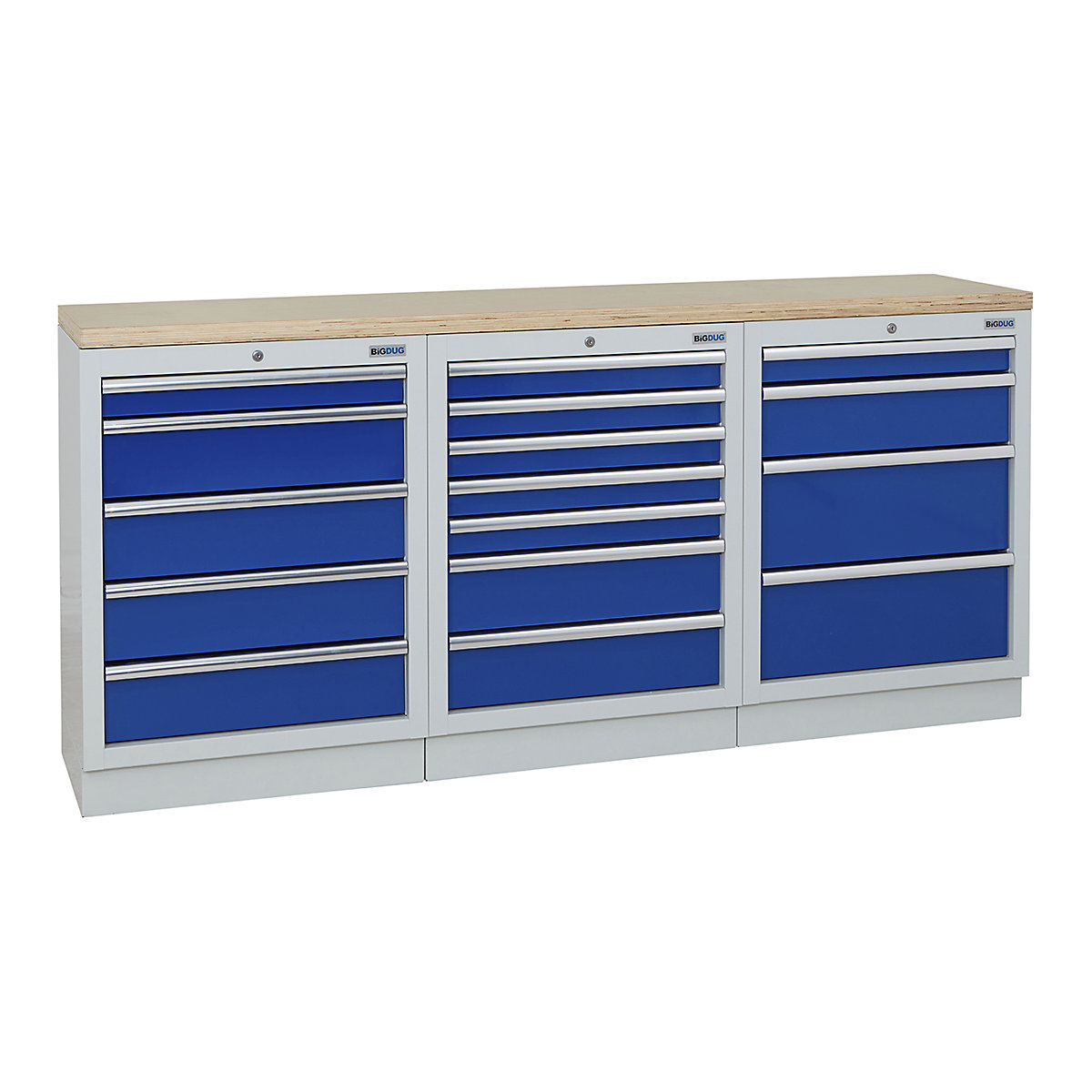 BiGDUG | 2041mm Wide Workbench | 3 Cabinet, BiGDUG | 2041mm Wide Workbench | 3 Cabinet, BiGDUG | 2041mm Wide Workbench | 5 Drawer Cabinet | 7 Drawer Cabinet | 4 Drawer Cabinet | Grey Housing | Blue Doors | Multiplex Worktop-0