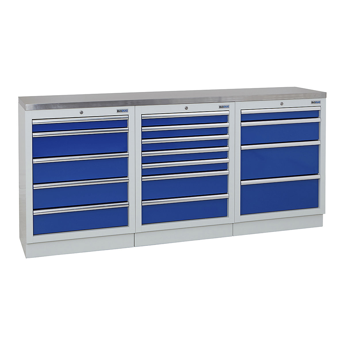 BiGDUG | 2041mm Wide Workbench | 3 Cabinet, BiGDUG | 2041mm Wide Workbench | 3 Cabinet, BiGDUG | 2041mm Wide Workbench | 5 Drawer Cabinet | 7 Drawer Cabinet | 4 Drawer Cabinet | Grey Housing | Blue Doors | Stainless Worktop-0
