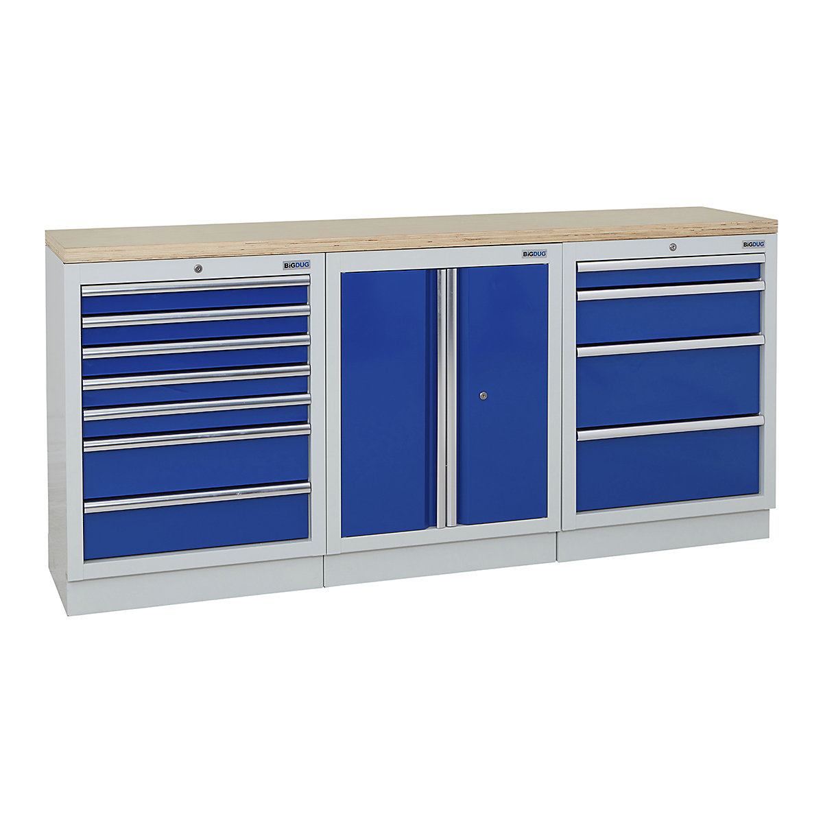 BiGDUG | 2041mm Wide Workbench | 3 Cabinet, BiGDUG | 2041mm Wide Workbench | 3 Cabinet, BiGDUG | 2041mm Wide Workbench | 7 Drawer Cabinet | 2 Door Cupboard | 4 Drawer Cabinet | Grey Housing | Blue Doors | Multiplex Worktop-0