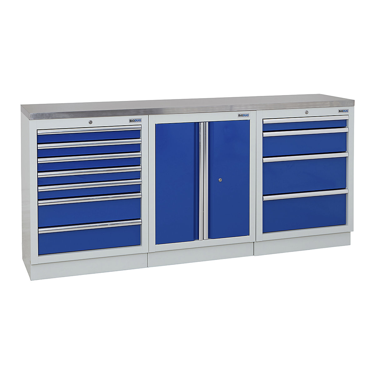 BiGDUG | 2041mm Wide Workbench | 3 Cabinet, BiGDUG | 2041mm Wide Workbench | 3 Cabinet, BiGDUG | 2041mm Wide Workbench | 7 Drawer Cabinet | 2 Door Cupboard | 4 Drawer Cabinet | Grey Housing | Blue Doors | Stainless Worktop-0