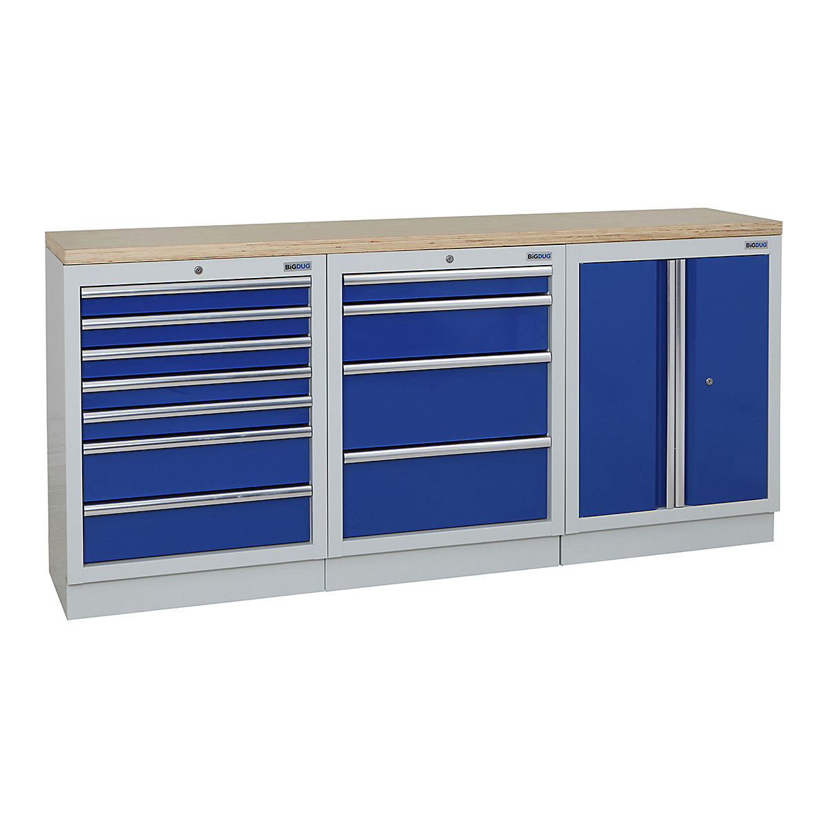 BiGDUG | 2041mm Wide Workbench | 3 Cabinet, BiGDUG | 2041mm Wide Workbench | 3 Cabinet, BiGDUG | 2041mm Wide Workbench | 7 Drawer Cabinet | 4 Drawer Cabinet | 2 Door Cupboard | Grey Housing | Blue Doors | Multiplex Worktop-0