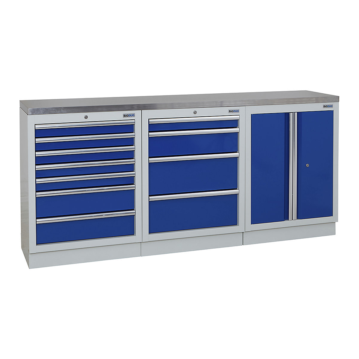 BiGDUG | 2041mm Wide Workbench | 3 Cabinet, BiGDUG | 2041mm Wide Workbench | 3 Cabinet, BiGDUG | 2041mm Wide Workbench | 7 Drawer Cabinet | 4 Drawer Cabinet | 2 Door Cupboard | Grey Housing | Blue Doors | Stainless Worktop-0