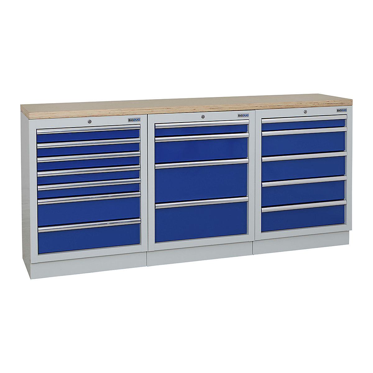 BiGDUG | 2041mm Wide Workbench | 3 Cabinet, BiGDUG | 2041mm Wide Workbench | 3 Cabinet, BiGDUG | 2041mm Wide Workbench | 7 Drawer Cabinet | 4 Drawer Cabinet | 5 Drawer Cabinet | Grey Housing | Blue Doors | Multiplex Worktop-0
