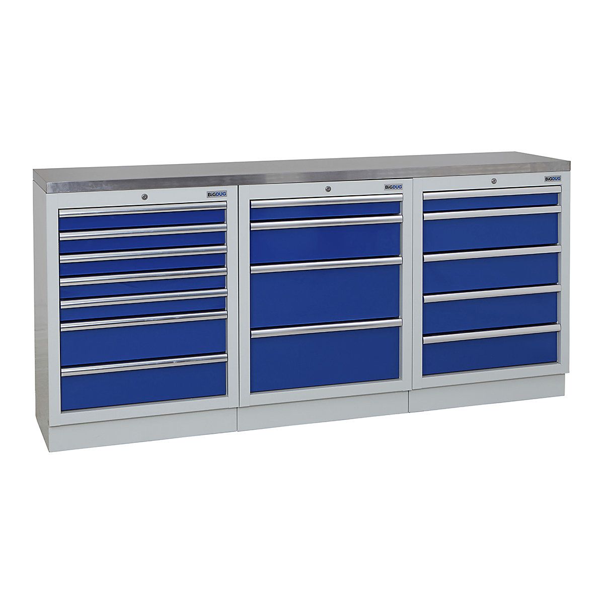 BiGDUG | 2041mm Wide Workbench | 3 Cabinet, BiGDUG | 2041mm Wide Workbench | 3 Cabinet, BiGDUG | 2041mm Wide Workbench | 7 Drawer Cabinet | 4 Drawer Cabinet | 5 Drawer Cabinet | Grey Housing | Blue Doors | Stainless Worktop-0