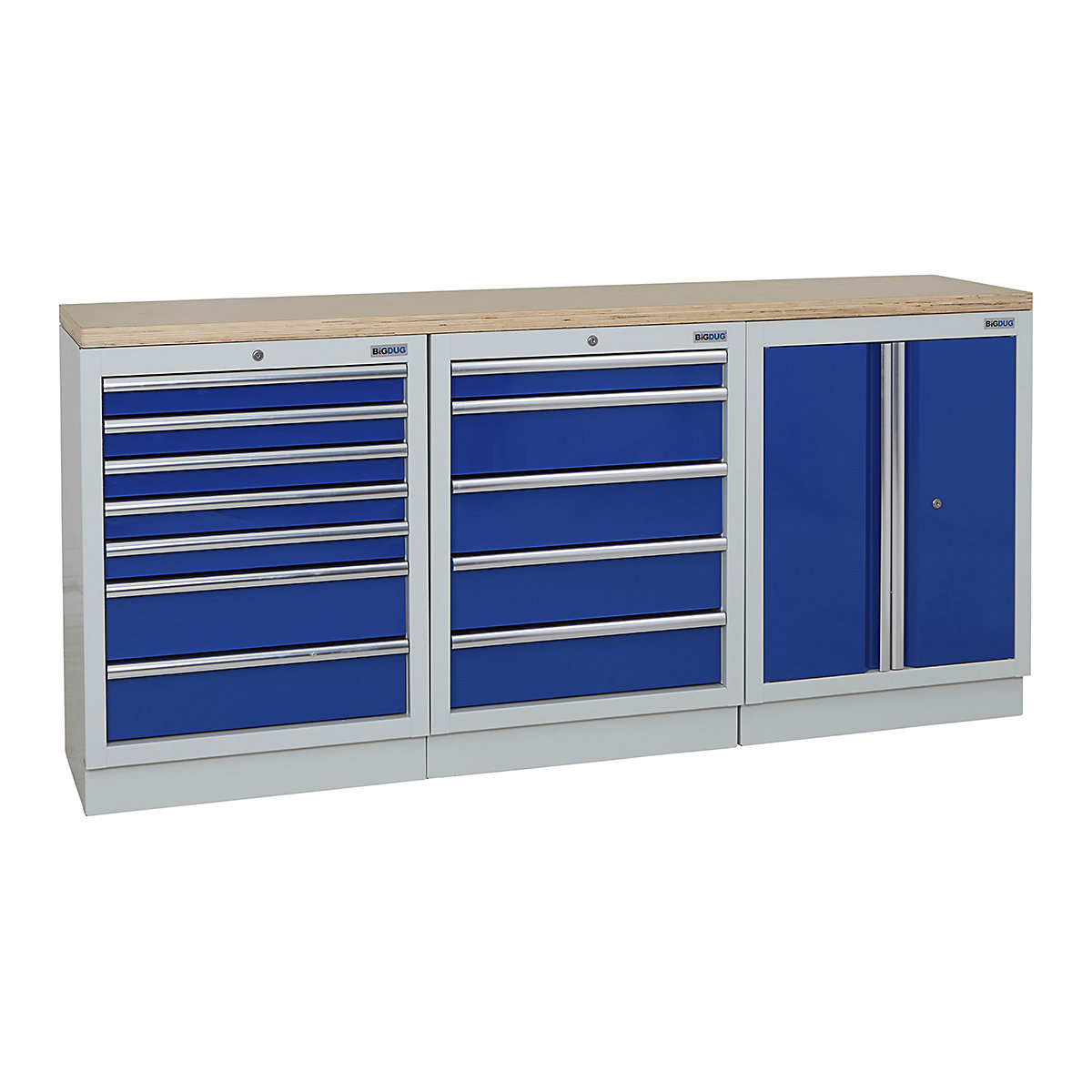BiGDUG | 2041mm Wide Workbench | 3 Cabinet, BiGDUG | 2041mm Wide Workbench | 3 Cabinet, BiGDUG | 2041mm Wide Workbench | 7 Drawer Cabinet | 5 Drawer Cabinet | 2 Door Cupboard | Grey Housing | Blue Doors | Multiplex Worktop-0