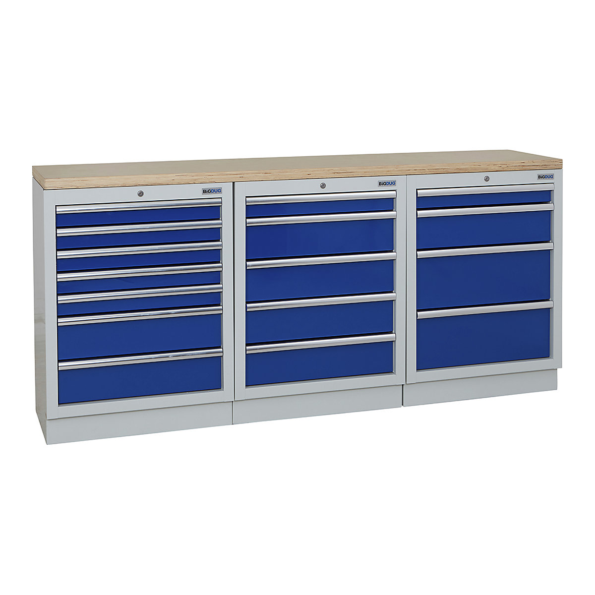 BiGDUG | 2041mm Wide Workbench | 3 Cabinet, BiGDUG | 2041mm Wide Workbench | 3 Cabinet, BiGDUG | 2041mm Wide Workbench | 7 Drawer Cabinet | 5 Drawer Cabinet | 4 Drawer Cabinet | Grey Housing | Blue Doors | Multiplex Worktop-0