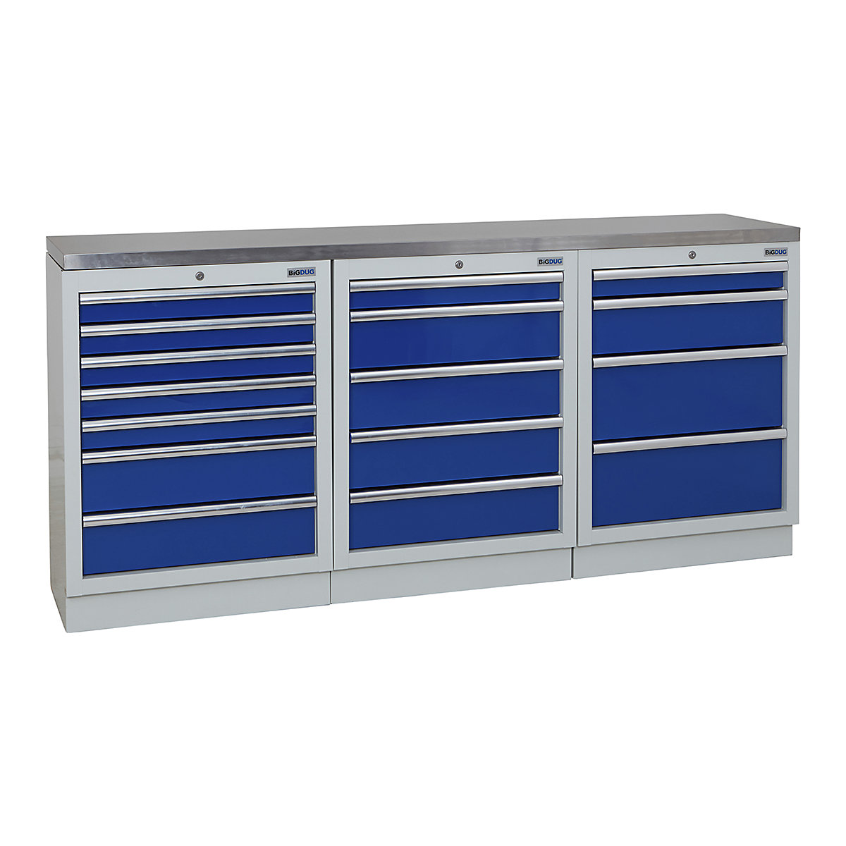 BiGDUG | 2041mm Wide Workbench | 3 Cabinet, BiGDUG | 2041mm Wide Workbench | 3 Cabinet, BiGDUG | 2041mm Wide Workbench | 7 Drawer Cabinet | 5 Drawer Cabinet | 4 Drawer Cabinet | Grey Housing | Blue Doors | Stainless Worktop-0