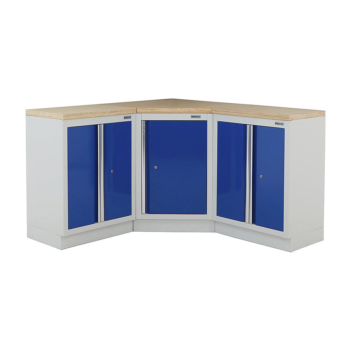 BiGDUG | Corner Workbench | 3 Cabinet, BiGDUG | Corner Workbench | 3 Cabinet, BiGDUG | Corner Workbench | Central Cupboard | 2x 2 Door Cupboard | Grey Housing | Blue Doors | Multiplex Worktop-0