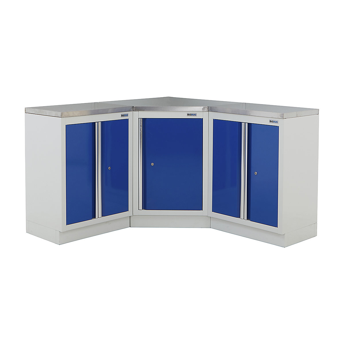 BiGDUG | Corner Workbench | 3 Cabinet, BiGDUG | Corner Workbench | 3 Cabinet, BiGDUG | Corner Workbench | Central Cupboard | 2x 2 Door Cupboard | Grey Housing | Blue Doors | Stainless Worktop-0