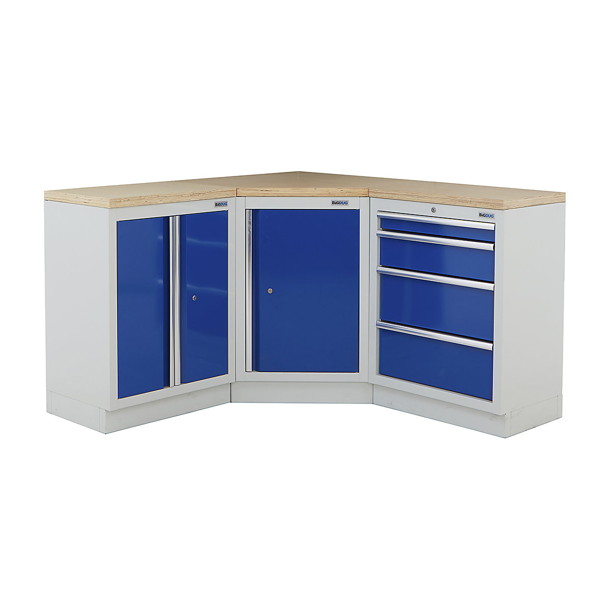 BiGDUG | Corner Workbench | 3 Cabinet, BiGDUG | Corner Workbench | 3 Cabinet, BiGDUG | Corner Workbench | Central Cupboard | 2 Door Cupboard | 4 Drawer Cabinet | Grey Housing | Blue Doors | Multiplex Worktop-0