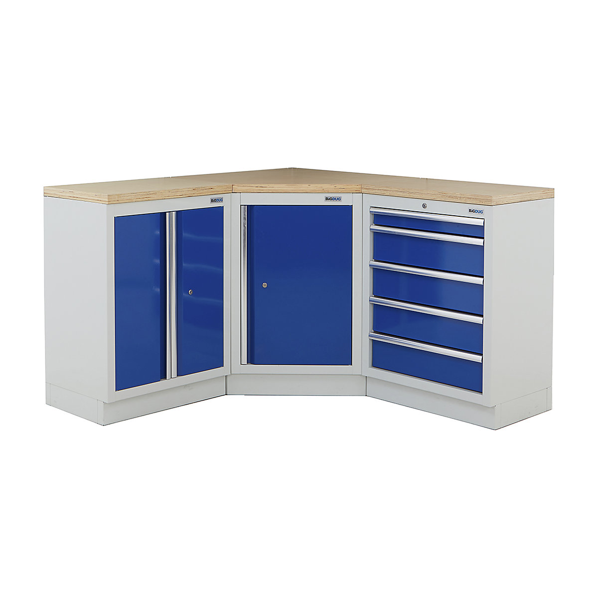 BiGDUG | Corner Workbench | 3 Cabinet, BiGDUG | Corner Workbench | 3 Cabinet, BiGDUG | Corner Workbench | Central Cupboard | 2 Door Cupboard | 5 Drawer Cabinet | Grey Housing | Blue Doors | Multiplex Worktop-0
