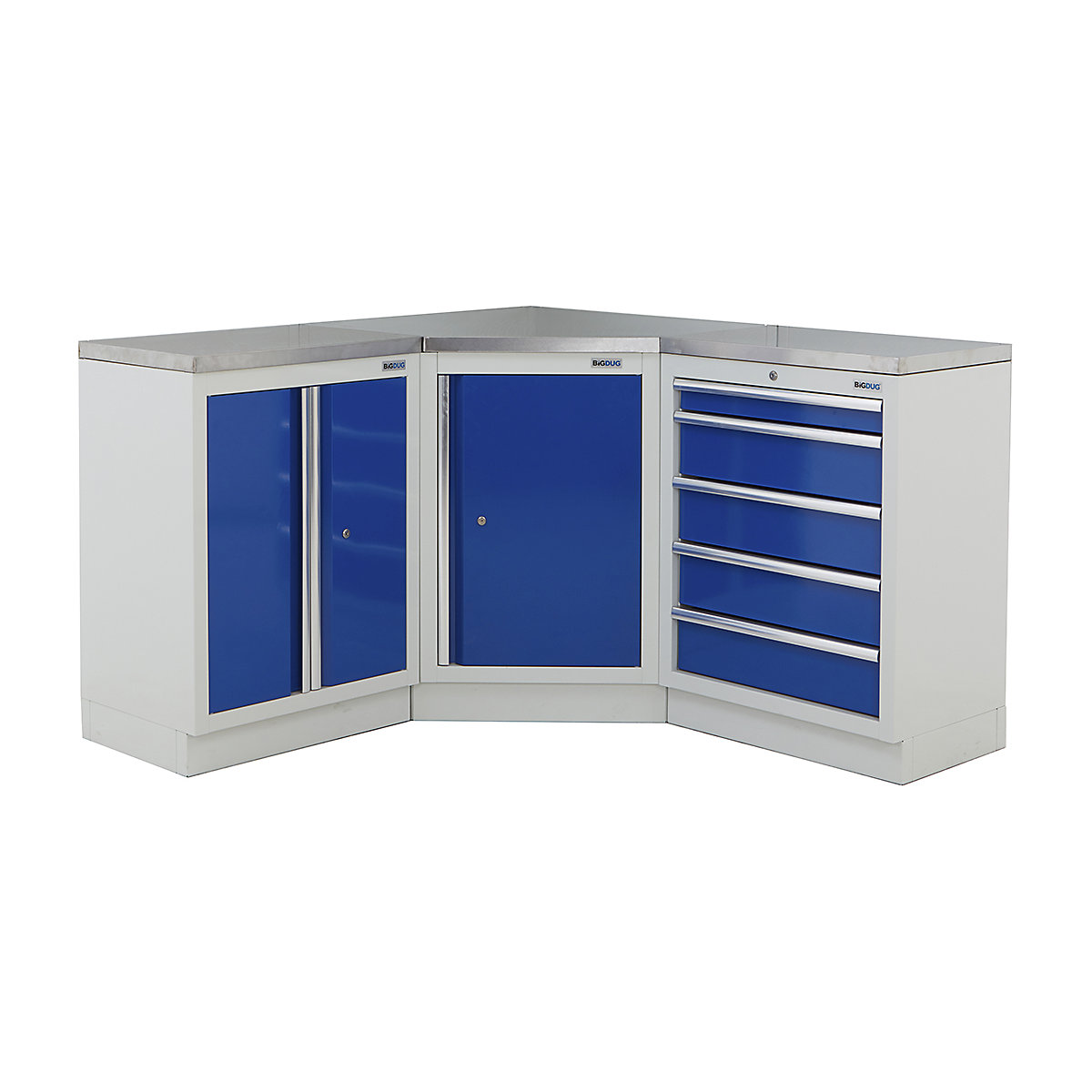 BiGDUG | Corner Workbench | 3 Cabinet, BiGDUG | Corner Workbench | 3 Cabinet, BiGDUG | Corner Workbench | Central Cupboard | 2 Door Cupboard | 5 Drawer Cabinet | Grey Housing | Blue Doors | Stainless Worktop-0