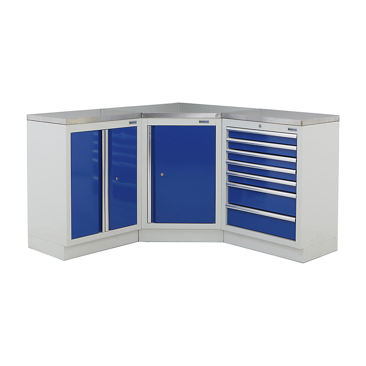 BiGDUG | Corner Workbench | 3 Cabinet, BiGDUG | Corner Workbench | 3 Cabinet, BiGDUG | Corner Workbench | Central Cupboard | 2 Door Cupboard | 7 Drawer Cabinet | Grey Housing | Blue Doors | Stainless Worktop-0