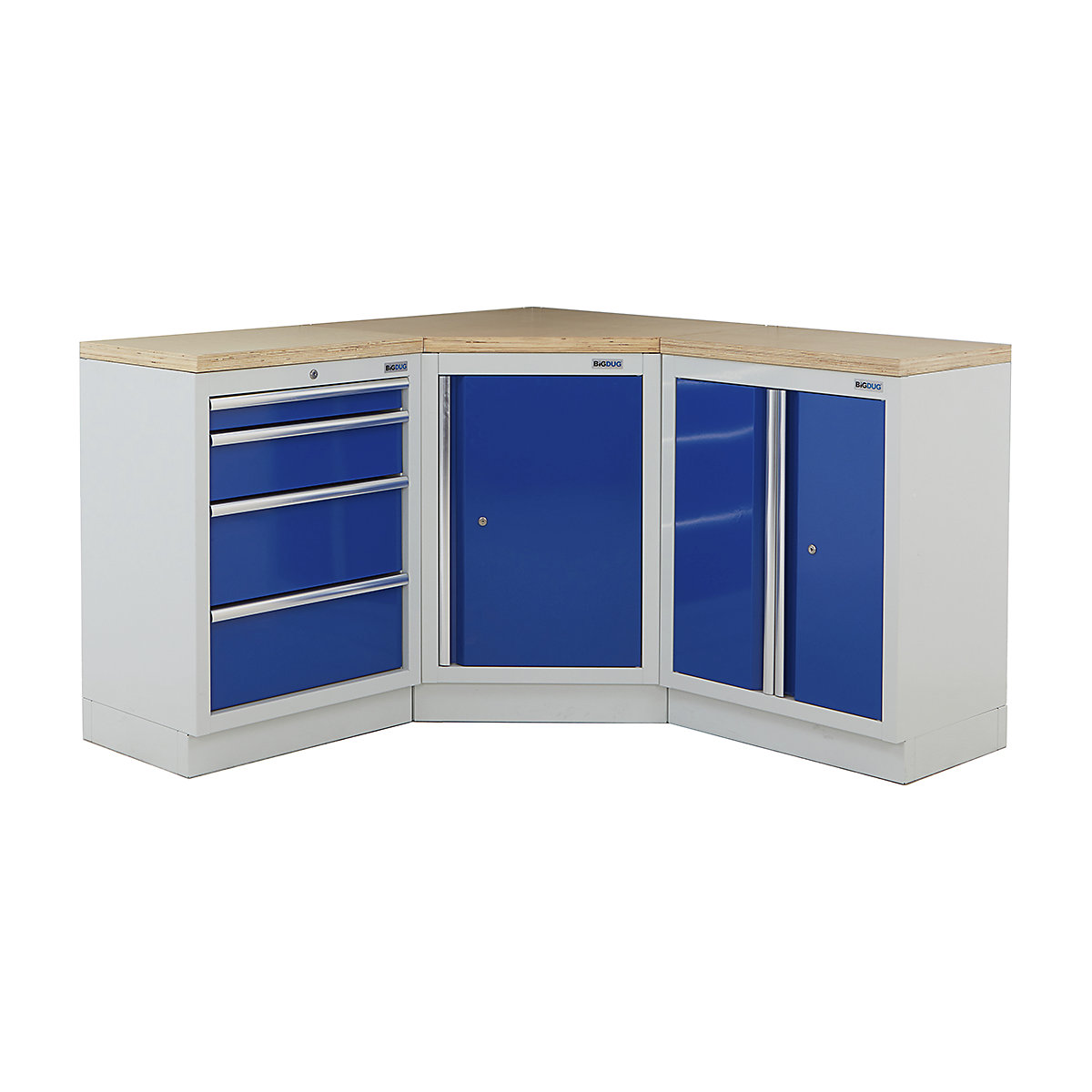 BiGDUG | Corner Workbench | 3 Cabinet, BiGDUG | Corner Workbench | 3 Cabinet, BiGDUG | Corner Workbench | Central Cupboard | 4 Drawer Cabinet | 2 Door Cupboard | Grey Housing | Blue Doors | Multiplex Worktop-1