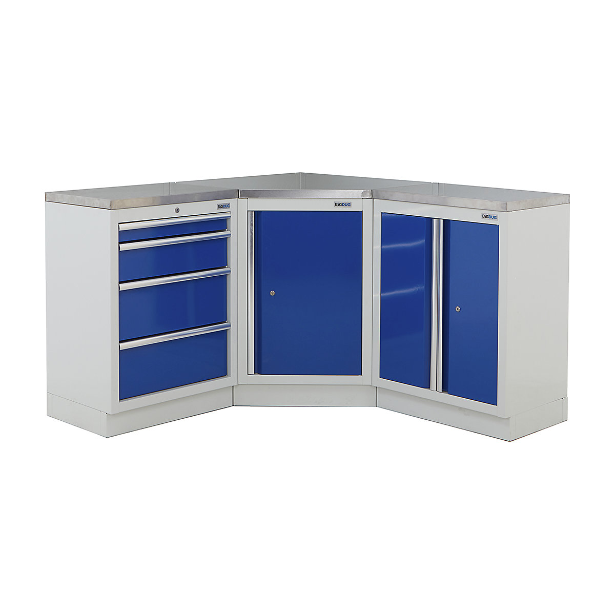BiGDUG | Corner Workbench | 3 Cabinet, BiGDUG | Corner Workbench | 3 Cabinet, BiGDUG | Corner Workbench | Central Cupboard | 4 Drawer Cabinet | 2 Door Cupboard | Grey Housing | Blue Doors | Stainless Worktop-2