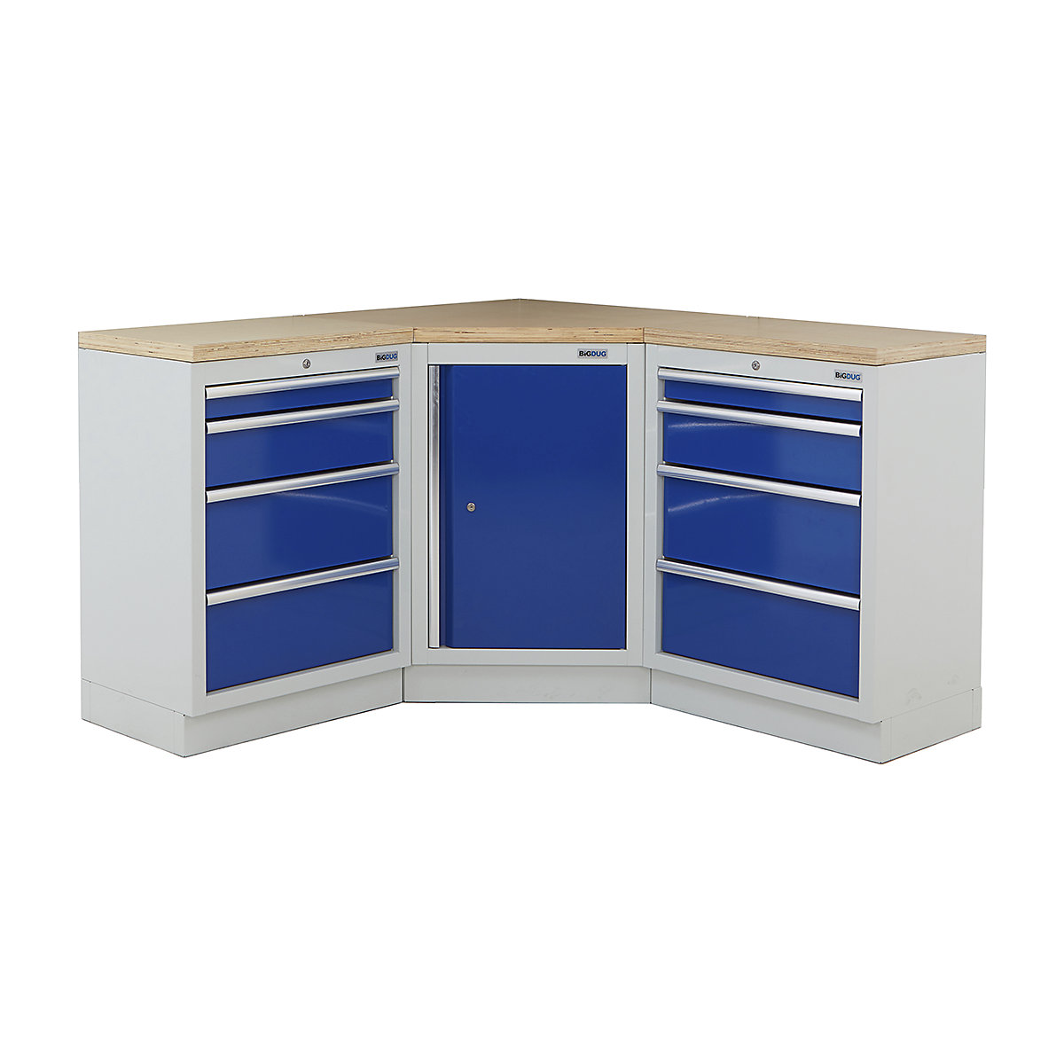 BiGDUG | Corner Workbench | 3 Cabinet, BiGDUG | Corner Workbench | 3 Cabinet, BiGDUG | Corner Workbench | Central Cupboard | 2x 4 Drawer Cabinet | Grey Housing | Blue Doors | Multiplex Worktop-0