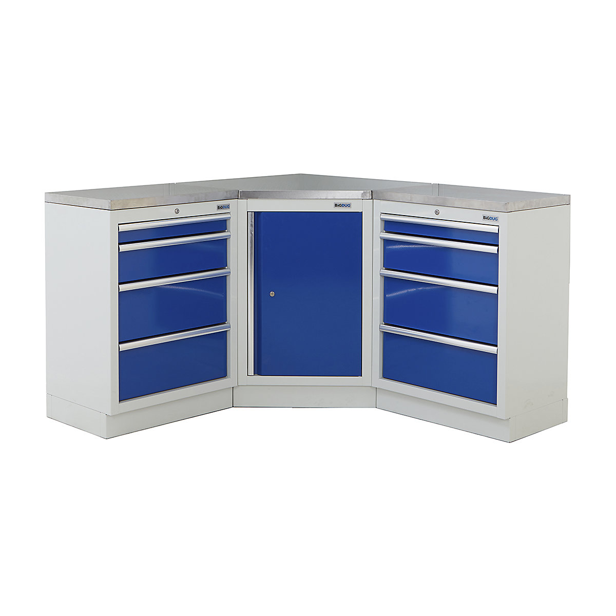 BiGDUG | Corner Workbench | 3 Cabinet, BiGDUG | Corner Workbench | 3 Cabinet, BiGDUG | Corner Workbench | Central Cupboard | 2x 4 Drawer Cabinet | Grey Housing | Blue Doors | Stainless Worktop-0