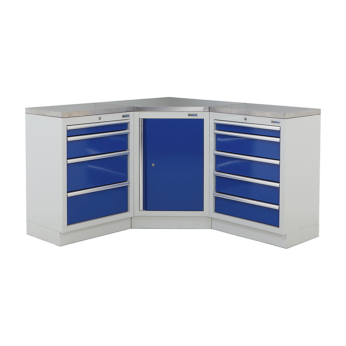 BiGDUG | Corner Workbench | 3 Cabinet, BiGDUG | Corner Workbench | 3 Cabinet, BiGDUG | Corner Workbench | Central Cupboard | 4 Drawer Cabinet | 5 Drawer Cabinet | Grey Housing | Blue Doors | Stainless Worktop-0