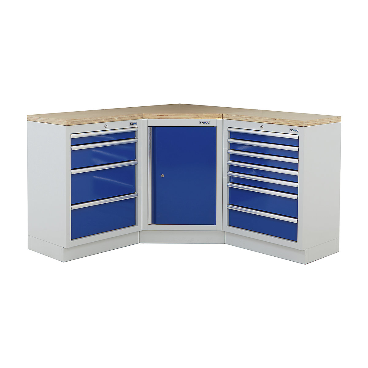 BiGDUG | Corner Workbench | 3 Cabinet, BiGDUG | Corner Workbench | 3 Cabinet, BiGDUG | Corner Workbench | Central Cupboard | 4 Drawer Cabinet | 7 Drawer Cabinet | Grey Housing | Blue Doors | Multiplex Worktop-0