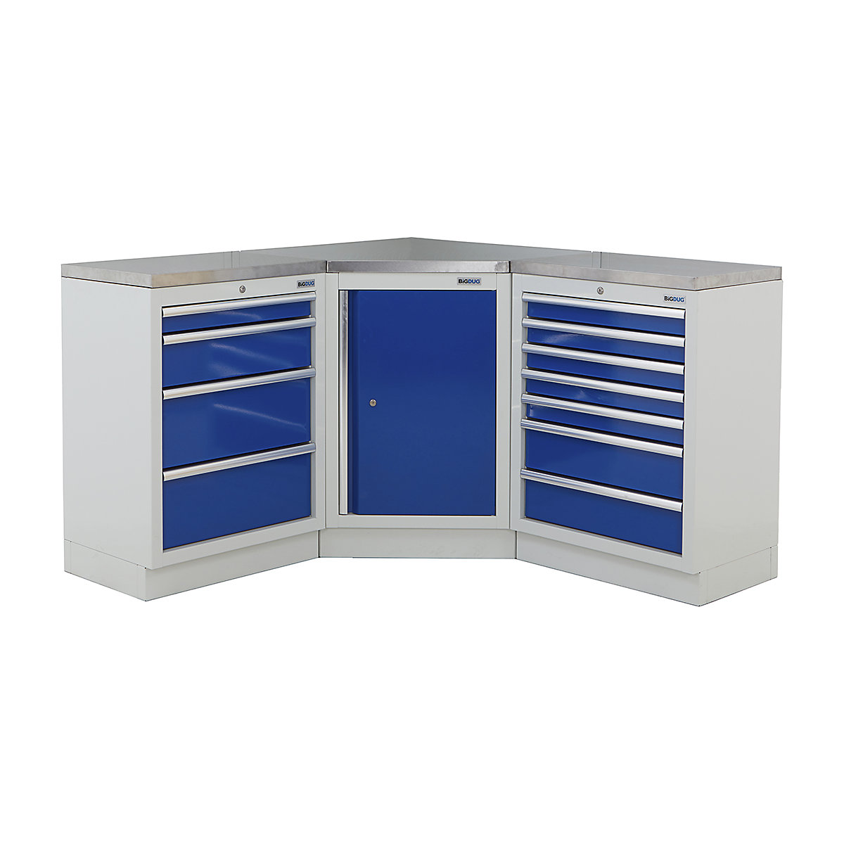 BiGDUG | Corner Workbench | 3 Cabinet, BiGDUG | Corner Workbench | 3 Cabinet, BiGDUG | Corner Workbench | Central Cupboard | 4 Drawer Cabinet | 7 Drawer Cabinet | Grey Housing | Blue Doors | Stainless Worktop-0