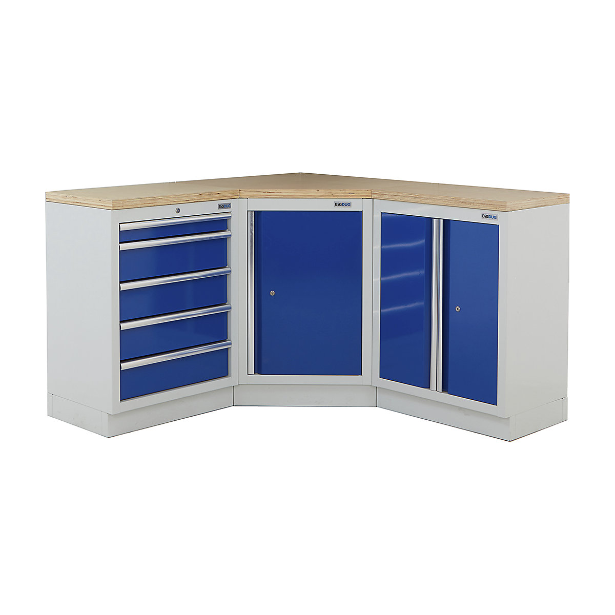 BiGDUG | Corner Workbench | 3 Cabinet, BiGDUG | Corner Workbench | 3 Cabinet, BiGDUG | Corner Workbench | Central Cupboard | 5 Drawer Cabinet | 2 Door Cupboard | Grey Housing | Blue Doors | Multiplex Worktop-0
