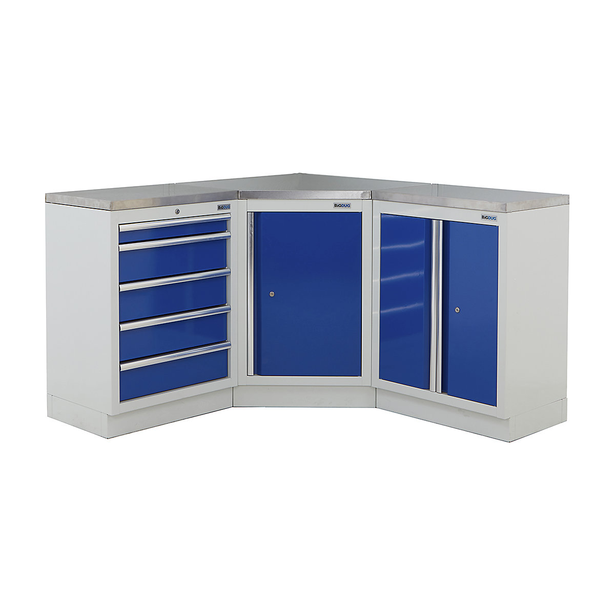 BiGDUG | Corner Workbench | 3 Cabinet, BiGDUG | Corner Workbench | 3 Cabinet, BiGDUG | Corner Workbench | Central Cupboard | 5 Drawer Cabinet | 2 Door Cupboard | Grey Housing | Blue Doors | Stainless Worktop-0