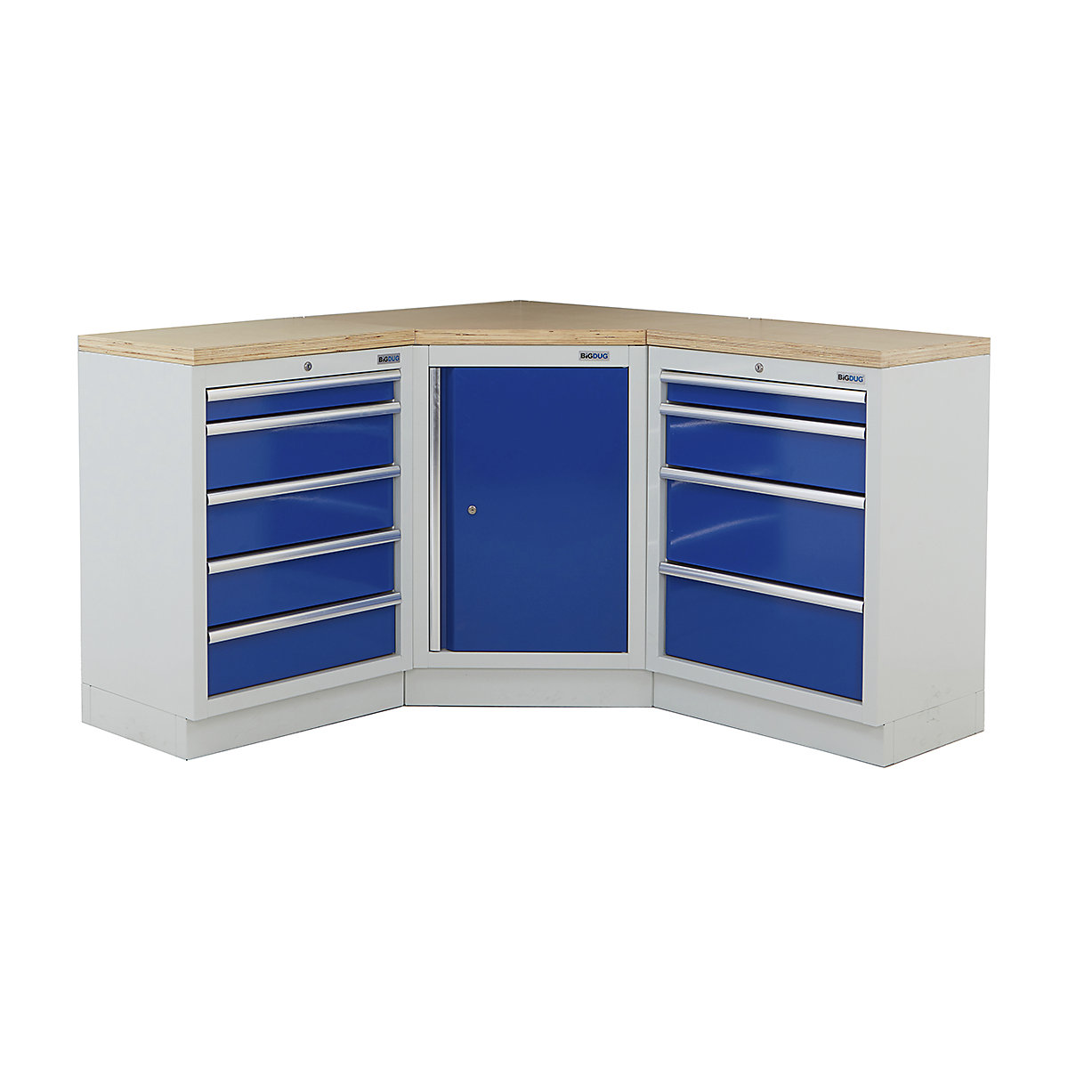 BiGDUG | Corner Workbench | 3 Cabinet, BiGDUG | Corner Workbench | 3 Cabinet, BiGDUG | Corner Workbench | Central Cupboard | 5 Drawer Cabinet | 4 Drawer Cabinet | Grey Housing | Blue Doors | Multiplex Worktop-0