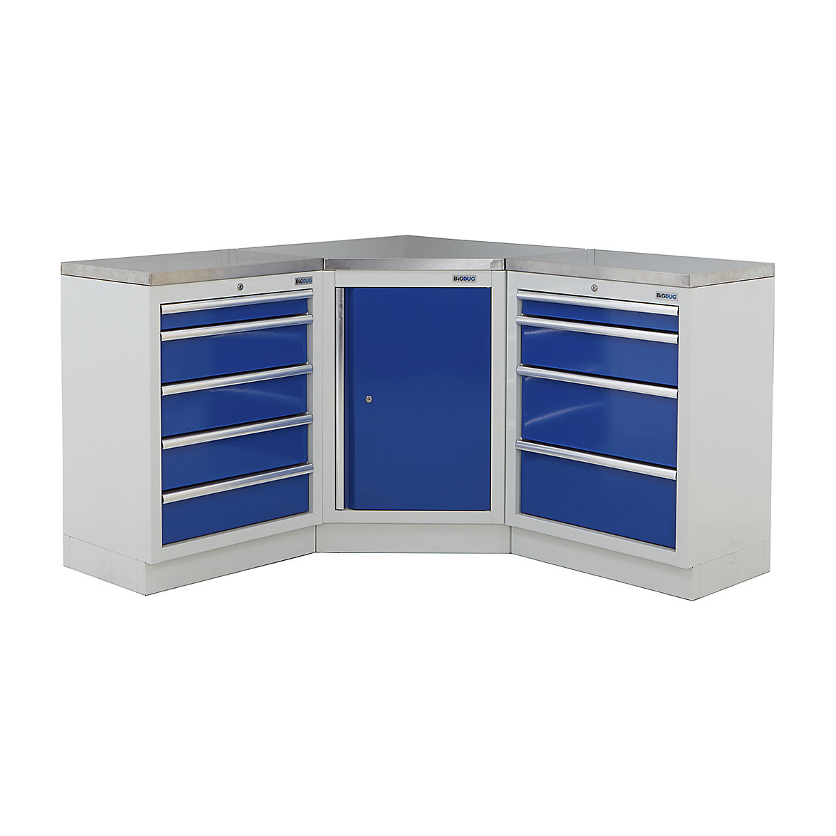 BiGDUG | Corner Workbench | 3 Cabinet, BiGDUG | Corner Workbench | 3 Cabinet, BiGDUG | Corner Workbench | Central Cupboard | 5 Drawer Cabinet | 4 Drawer Cabinet | Grey Housing | Blue Doors | Stainless Worktop-0