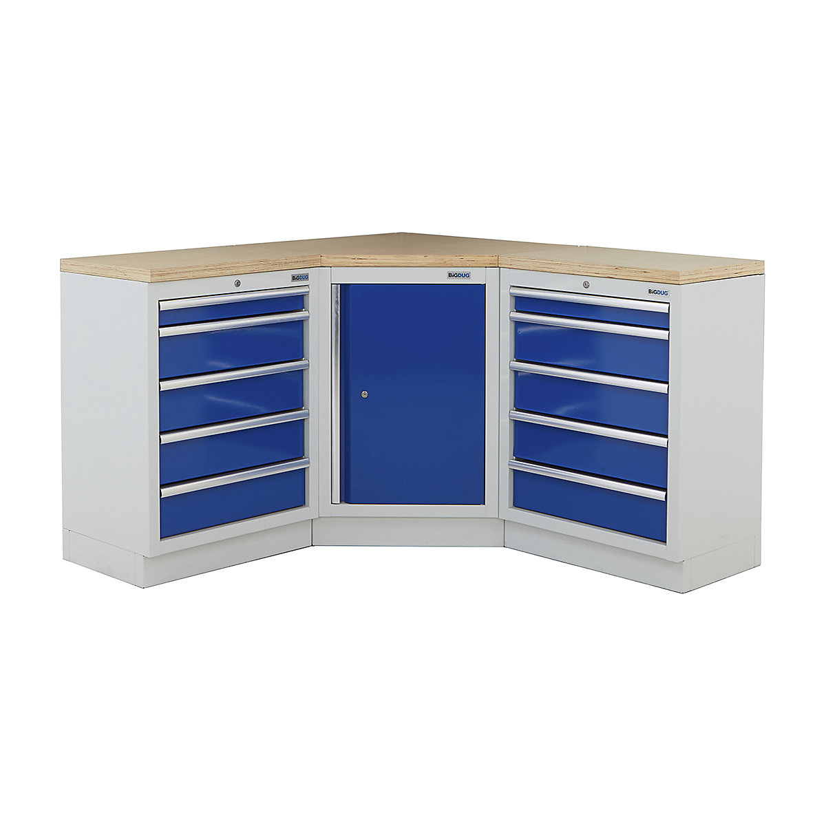 BiGDUG | Corner Workbench | 3 Cabinet, BiGDUG | Corner Workbench | 3 Cabinet, BiGDUG | Corner Workbench | Central Cupboard | 2x 5 Drawer Cabinet | Grey Housing | Blue Doors | Multiplex Worktop-0