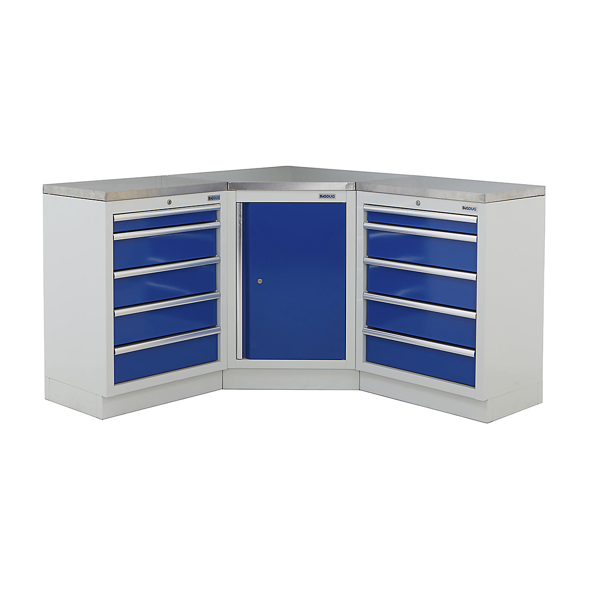 BiGDUG | Corner Workbench | 3 Cabinet, BiGDUG | Corner Workbench | 3 Cabinet, BiGDUG | Corner Workbench | Central Cupboard | 2x 5 Drawer Cabinet | Grey Housing | Blue Doors | Stainless Worktop-0