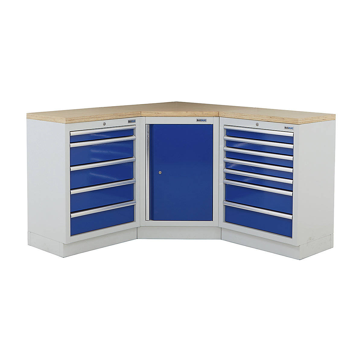 BiGDUG | Corner Workbench | 3 Cabinet, BiGDUG | Corner Workbench | 3 Cabinet, BiGDUG | Corner Workbench | Central Cupboard | 5 Drawer Cabinet | 7 Drawer Cabinet | Grey Housing | Blue Doors | Multiplex Worktop-0