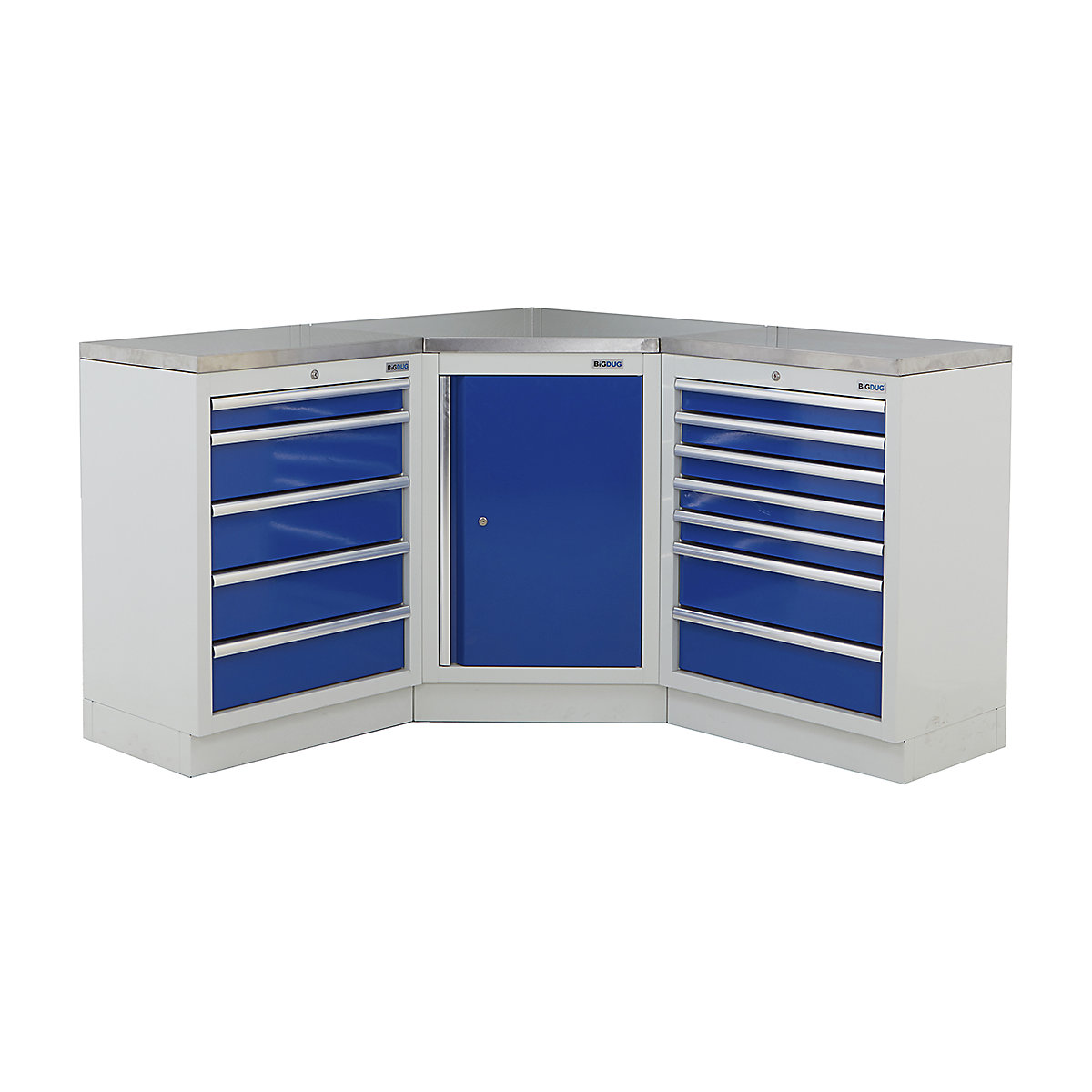 BiGDUG | Corner Workbench | 3 Cabinet, BiGDUG | Corner Workbench | 3 Cabinet, BiGDUG | Corner Workbench | Central Cupboard | 5 Drawer Cabinet | 7 Drawer Cabinet | Grey Housing | Blue Doors | Stainless Worktop-0