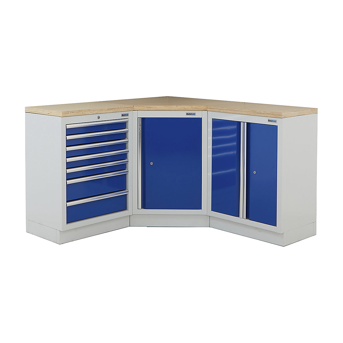 BiGDUG | Corner Workbench | 3 Cabinet, BiGDUG | Corner Workbench | 3 Cabinet, BiGDUG | Corner Workbench | Central Cupboard | 7 Drawer Cabinet | 2 Door Cupboard | Grey Housing | Blue Doors | Multiplex Worktop-0