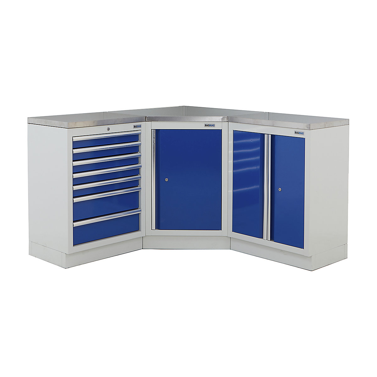 BiGDUG | Corner Workbench | 3 Cabinet, BiGDUG | Corner Workbench | 3 Cabinet, BiGDUG | Corner Workbench | Central Cupboard | 7 Drawer Cabinet | 2 Door Cupboard | Grey Housing | Blue Doors | Stainless Worktop-0