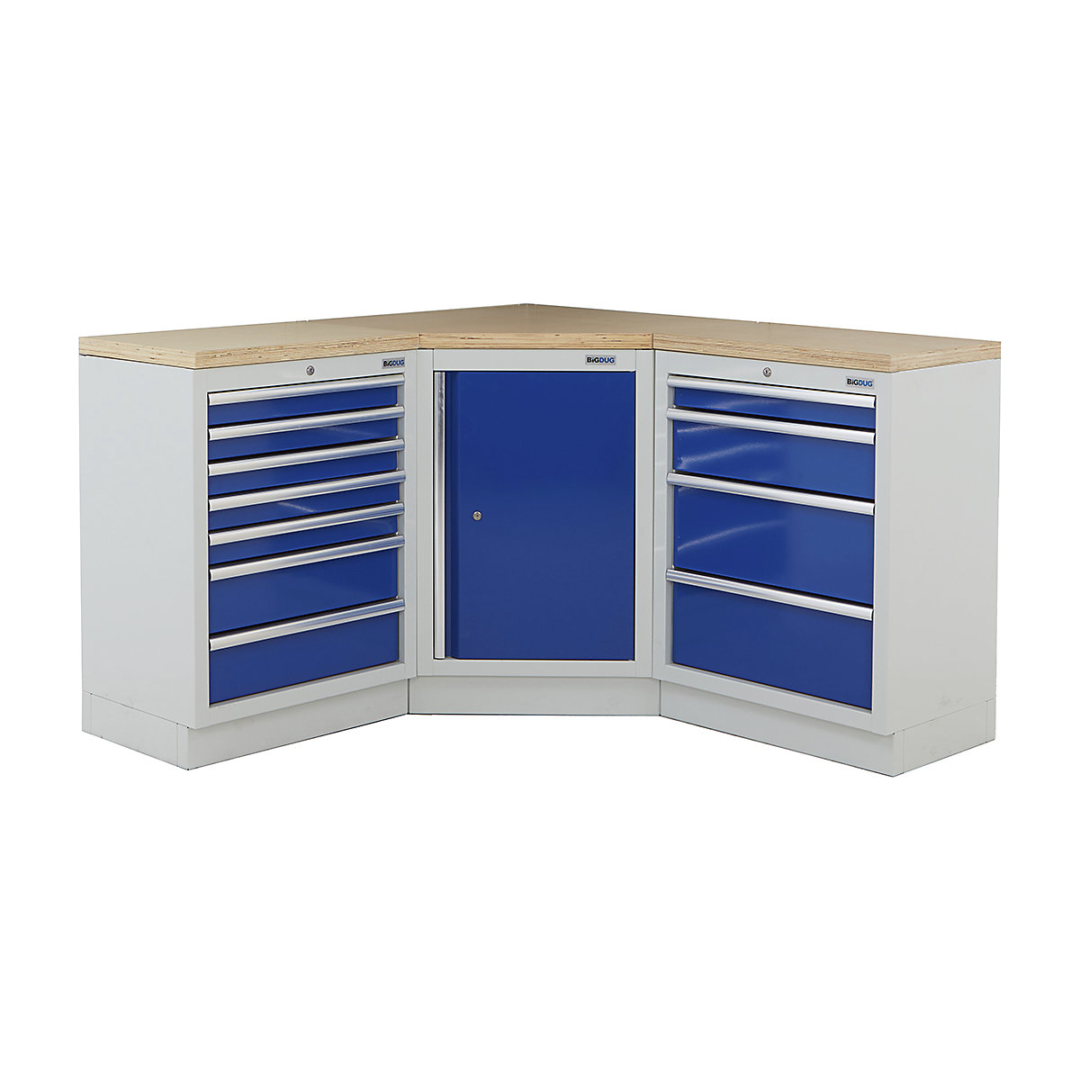 BiGDUG | Corner Workbench | 3 Cabinet, BiGDUG | Corner Workbench | 3 Cabinet, BiGDUG | Corner Workbench | Central Cupboard | 7 Drawer Cabinet | 4 Drawer Cabinet | Grey Housing | Blue Doors | Multiplex Worktop-0