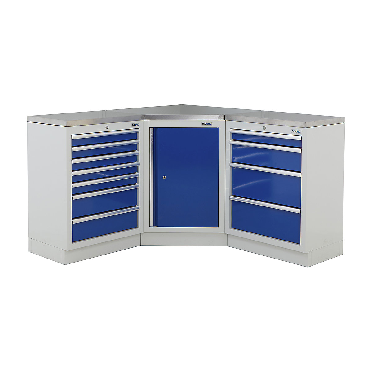 BiGDUG | Corner Workbench | 3 Cabinet, BiGDUG | Corner Workbench | 3 Cabinet, BiGDUG | Corner Workbench | Central Cupboard | 7 Drawer Cabinet | 4 Drawer Cabinet | Grey Housing | Blue Doors | Stainless Worktop-0