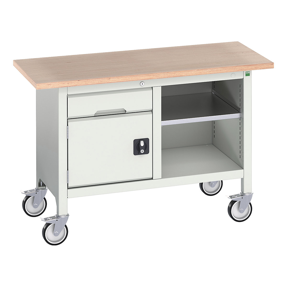 Bott Verso Mobile Storage Bench | 1250 Wide, Bott Verso Mobile Storage Bench | 1250 Wide, Bott Verso Mobile Storage Bench | 830h x 1250w x 600d mm | 1x 125 Drawer, 1x 350 Cupboard & Open Section | Light Grey-0