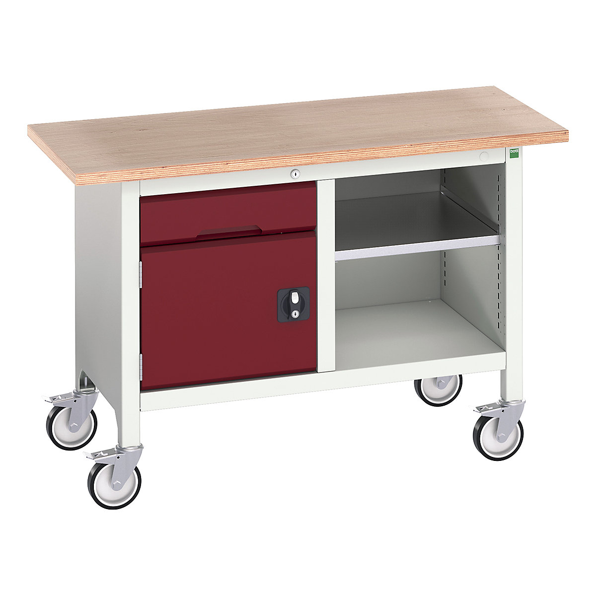 Bott Verso Mobile Storage Bench | 1250 Wide, Bott Verso Mobile Storage Bench | 1250 Wide, Bott Verso Mobile Storage Bench | 830h x 1250w x 600d mm | 1x 125 Drawer, 1x 350 Cupboard & Open Section | Red-0
