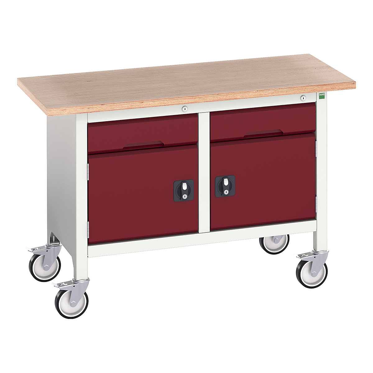 Bott Verso Mobile Storage Bench | 1250 Wide, Bott Verso Mobile Storage Bench | 1250 Wide, Bott Verso Mobile Storage Bench | 830h x 1250w x 600d mm | 2x 125 Drawers, 2x 350 Cupboards | Red-0