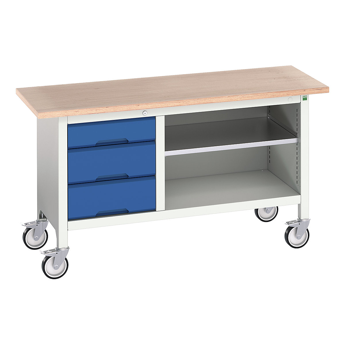 Bott Verso Mobile Storage Bench | 1500 Wide, Bott Verso Mobile Storage Bench | 1500 Wide, Bott Verso Mobile Storage Bench | 830h x 1500w x 600d mm | 1x 125, 2x 175 Drawers & Open Section | Blue-0