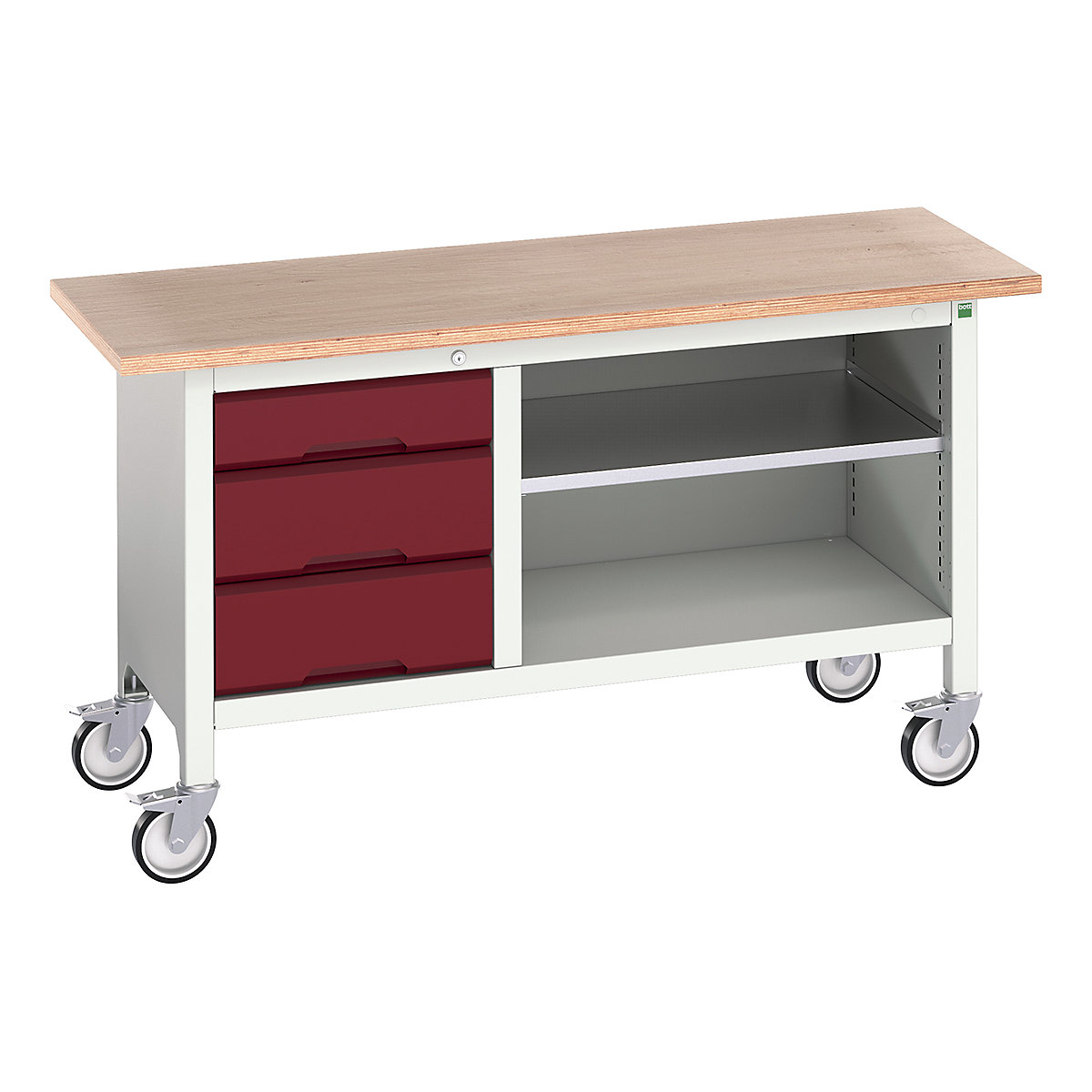 Bott Verso Mobile Storage Bench | 1500 Wide, Bott Verso Mobile Storage Bench | 1500 Wide, Bott Verso Mobile Storage Bench | 830h x 1500w x 600d mm | 1x 125, 2x 175 Drawers & Open Section | Red-0