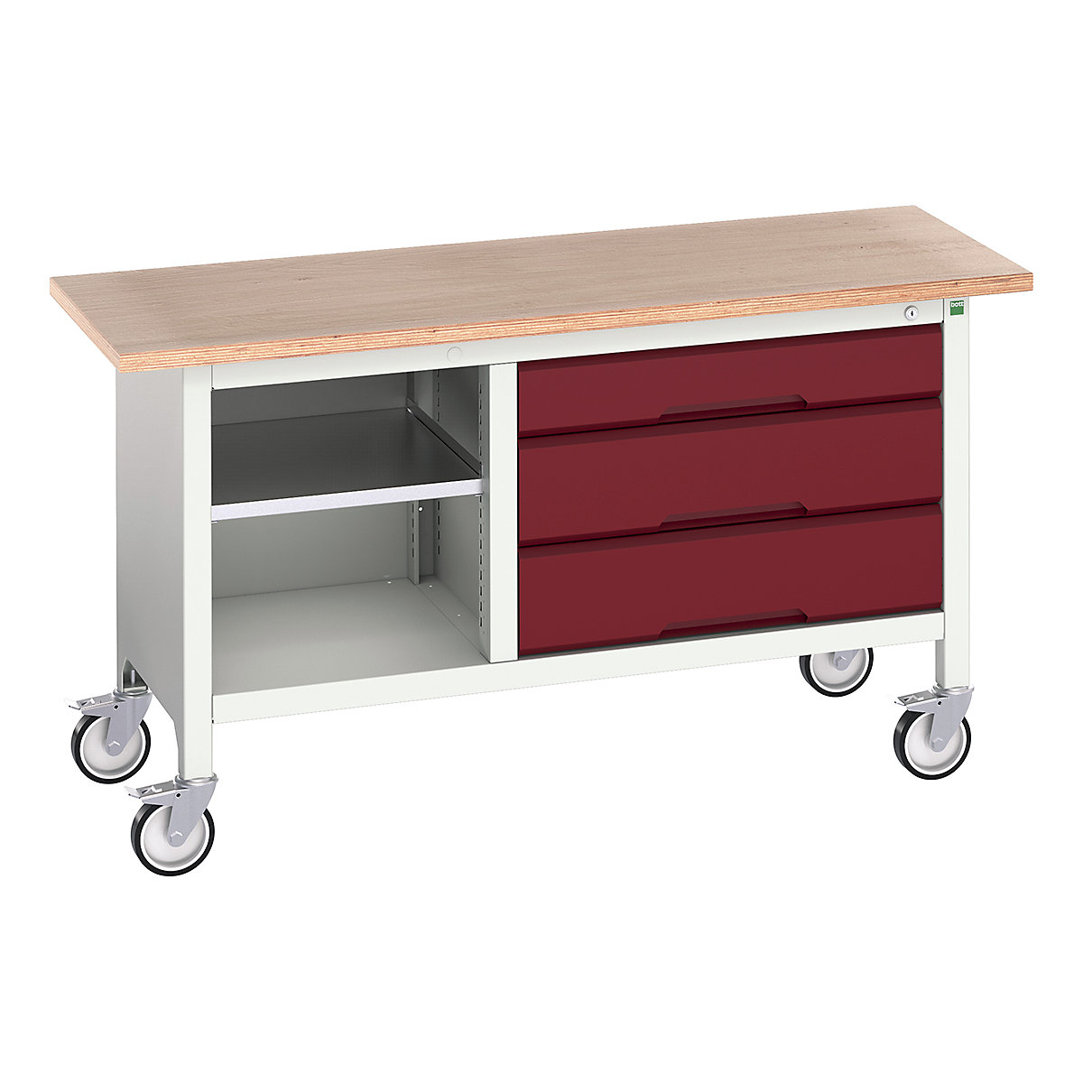 Bott Verso Mobile Storage Bench | 1500 Wide, Bott Verso Mobile Storage Bench | 1500 Wide, Bott Verso Mobile Storage Bench | 830h x 1500w x 600d mm | Open Section & 1x 125, 2x 175 Drawers | Red-0
