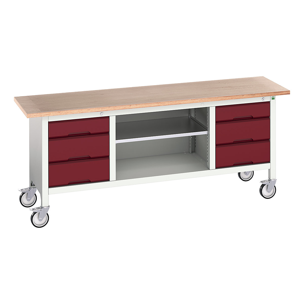 Bott Verso Mobile Storage Bench | 2000 Wide, Bott Verso Mobile Storage Bench | 2000 Wide, Bott Verso Mobile Storage Bench | 830h x 2000w x 600d mm | 2x 125, 4x 175 Drawers & Open Section | Red-0