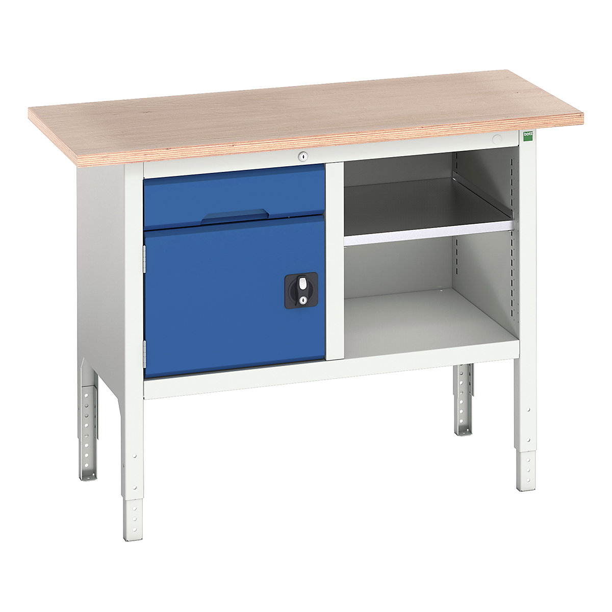 Bott Verso Storage Bench | 1250 Wide, Bott Verso Storage Bench | 1250 Wide, Bott Verso Height Adjustable Storage Bench | 930h x 1250w x 600d mm | 1x 125 Drawer, 1x 350 Cupboard & Open Section | Blue-0